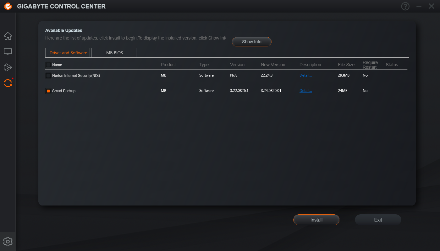 Gigabyte Control Center Smart Backup update after several installations and PC reboots