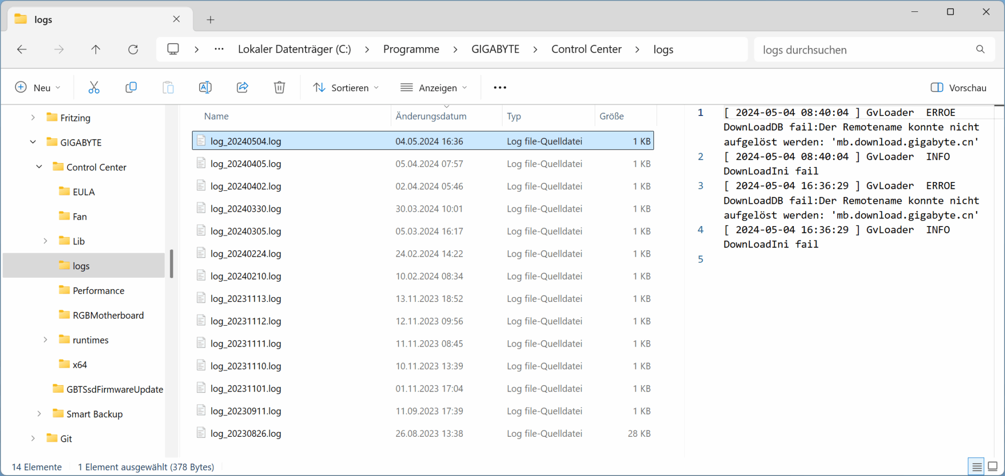 Gigabyte Control Center Smart Backup update - there is no logfile with the timestamp of today 24th of April 2025