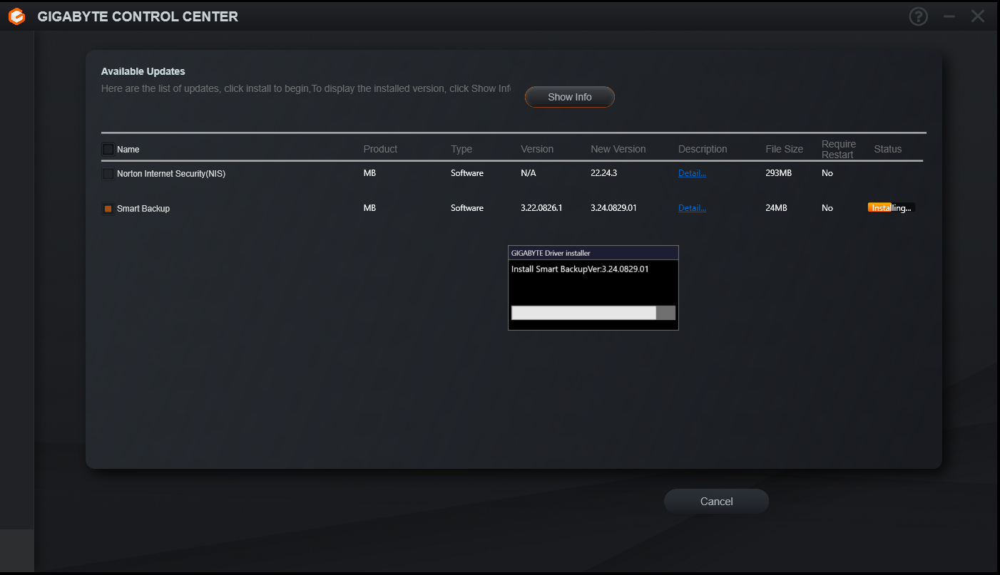 Gigabyte Control Center Smart Backup update while installation