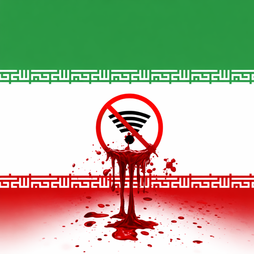 Durchgestrichenes WLAN-Symbol auf iranischer Flagge mit blutähnlichen Tropfen als Symbol für Internetzensur, Gewalt und Unterdrückung.